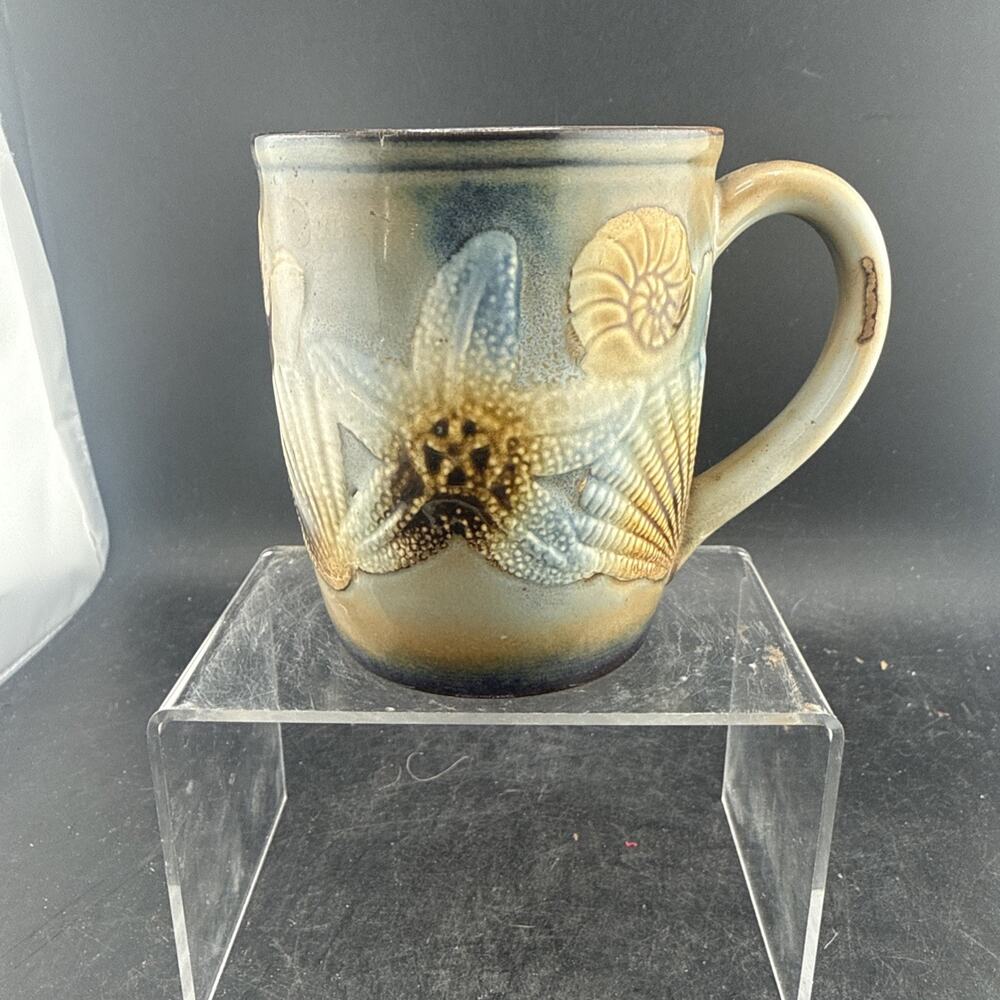 Vintage 3D Coastal Ocean Seashell Ceramic Mug Starfish Nautilus Beach Sand Blue